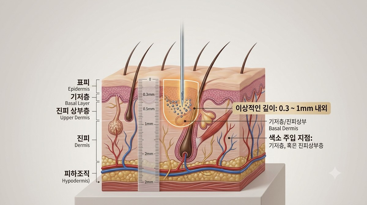 두피 단면 다이어그램: 표피, 기저층, 진피 상부층까지의 이상적인 색소 주입 깊이 0.3~1mm